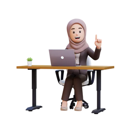 Muslim Businesswoman Sitting At Desk With Laptop And Getting Idea  3D Illustration