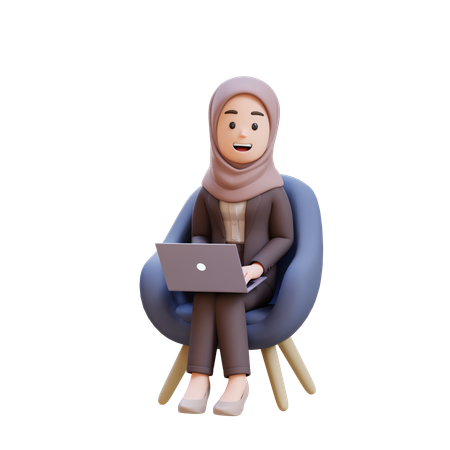Muslim Businesswoman Sitting In Chair With Laptop In Front Of Her  3D Illustration