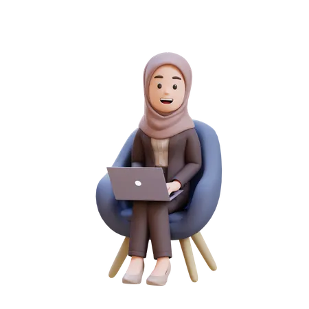 Muslim Businesswoman Sitting In Chair With Laptop In Front Of Her  3D Illustration