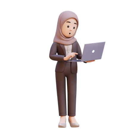 Muslim Businesswoman Standing Confused Working On Laptop  3D Illustration