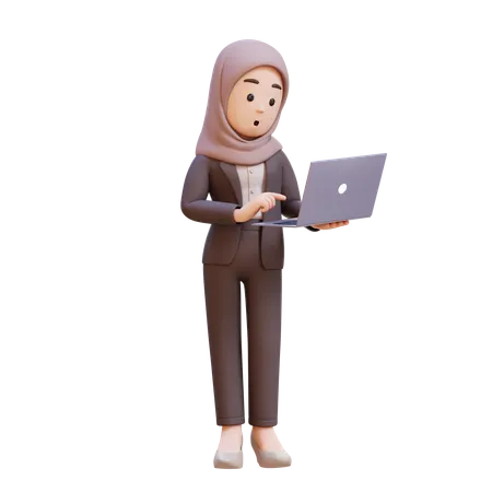 Muslim Businesswoman Standing Confused Working On Laptop  3D Illustration