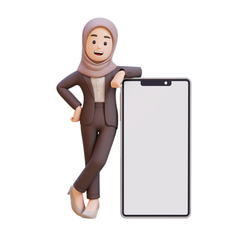 Muslim Businesswoman Standing Next To Blank Cell Phone  3D Illustration