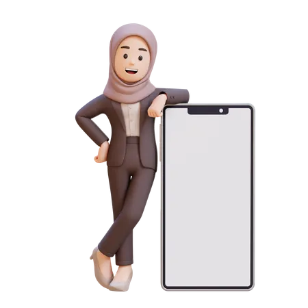 Muslim Businesswoman Standing Next To Blank Cell Phone  3D Illustration