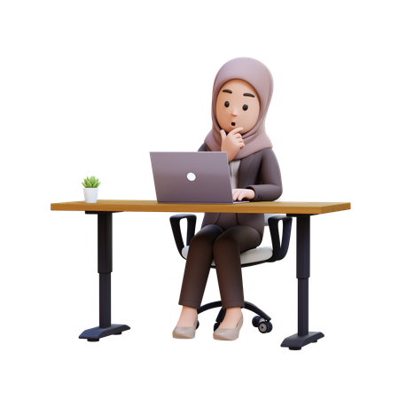 Muslim Businesswoman Working At Desk With Laptop  3D Illustration
