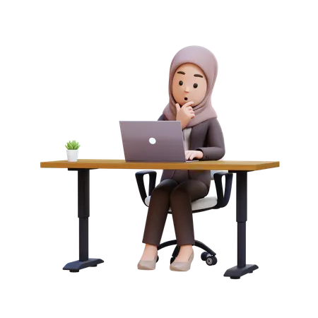 Muslim Businesswoman Working At Desk With Laptop  3D Illustration