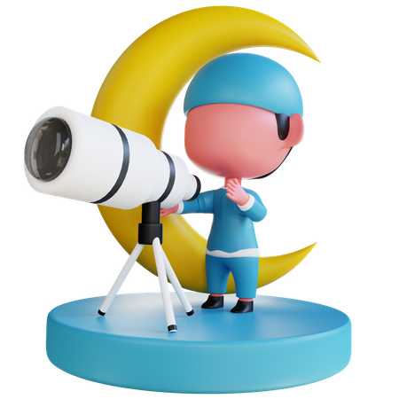 Muslim character searching eid moon using telescope  3D Illustration