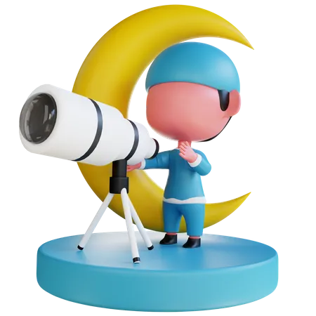 Muslim character searching eid moon using telescope  3D Illustration