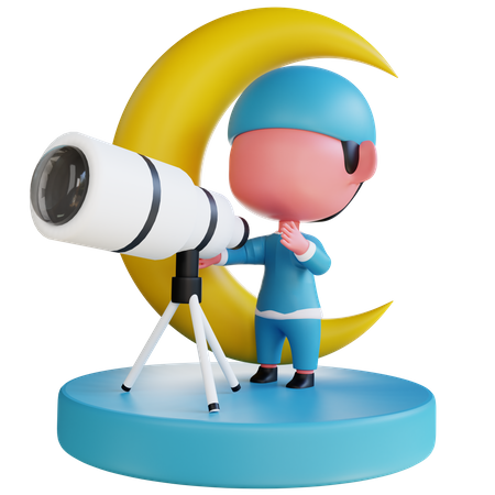 Muslim character searching eid moon using telescope 3D Illustration
