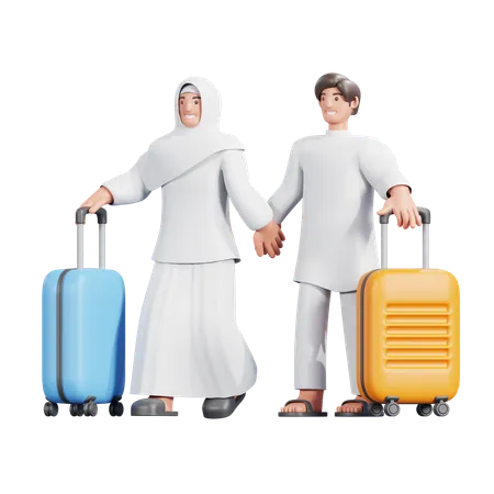 Muslim Couple Bring Suitcase  3D Illustration