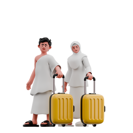 Muslim Couple Carrying Suitcase  3D Illustration