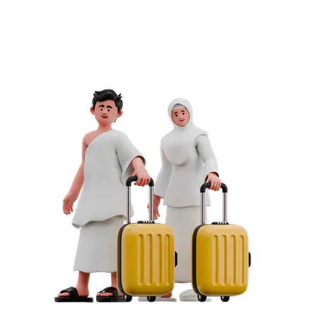 Muslim Couple Carrying Suitcase  3D Illustration