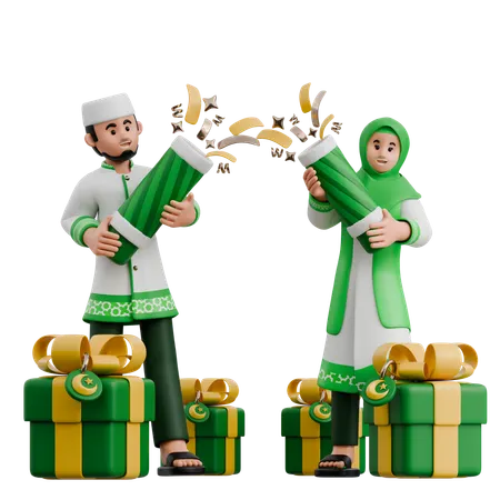 Muslim Couple Celebrating Ramadan  3D Icon