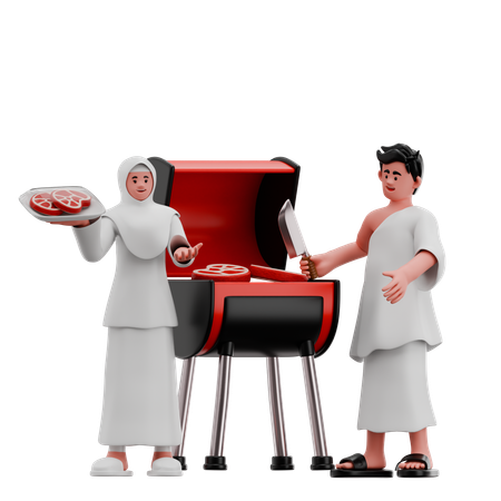 야외에서 바비큐를 굽고 있는 무슬림 커플  3D Icon