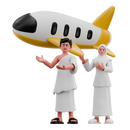 飛行機で出発するイスラム教徒のカップル  3D Illustration