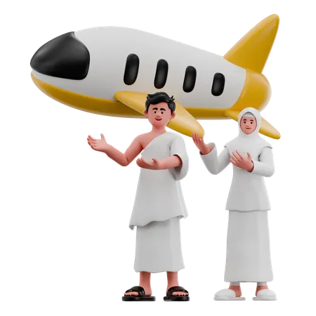 飛行機で出発するイスラム教徒のカップル  3D Illustration