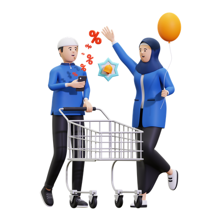 Muslim Couple Doing Discount Notifications  3D Illustration