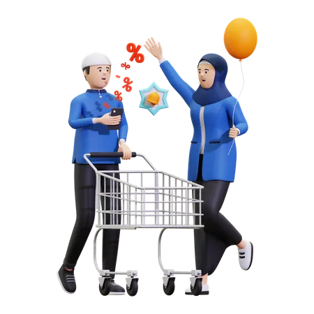 Muslim Couple Doing Discount Notifications  3D Illustration