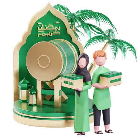 Muslim couple doing donation in Ramadan  3D Illustration