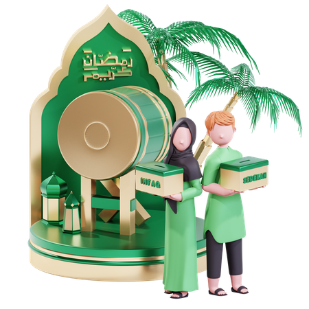 Muslim couple doing donation in Ramadan 3D Illustration