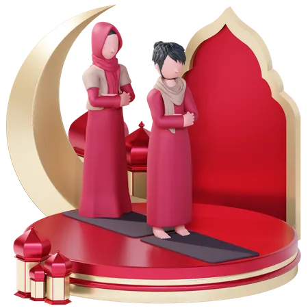 Muslim couple doing Eid prayer  3D Illustration