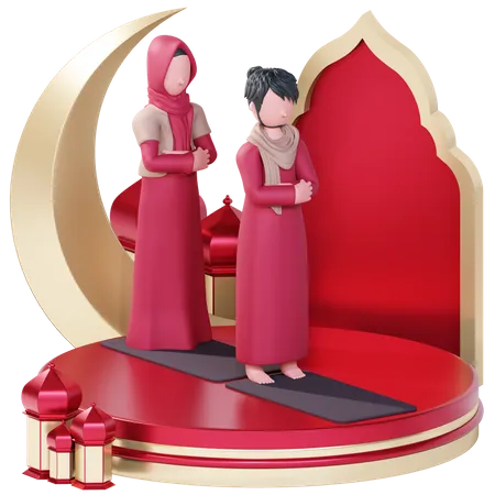 Muslim couple doing Eid prayer 3D Illustration