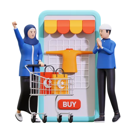 Muslim Couple Doing Online Shopping  3D Illustration