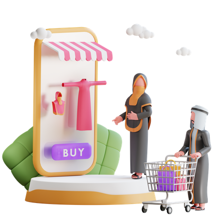 Muslim couple doing online shopping for Ramadan  3D Illustration