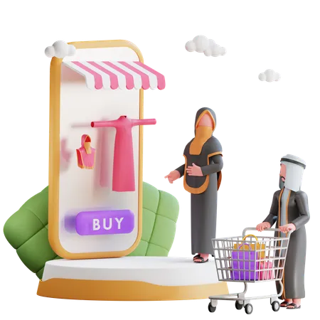 Muslim couple doing online shopping for Ramadan  3D Illustration