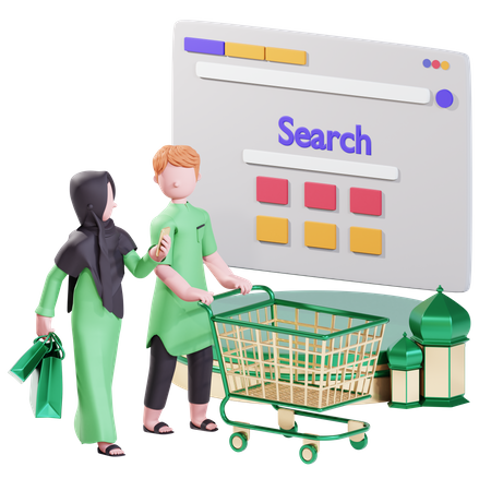 Muslim couple doing online shopping for Ramadan  3D Illustration