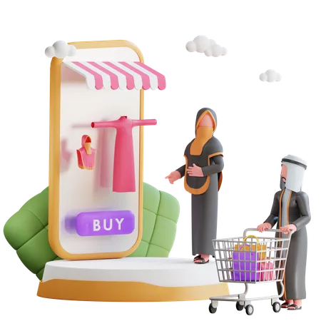 라마단 기간 동안 온라인 쇼핑을 하는 무슬림 커플  3D Illustration