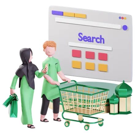 Muslim couple doing online shopping for Ramadan  3D Illustration