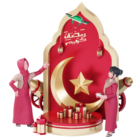 Muslim couple doing Ramadan decoration  3D Illustration