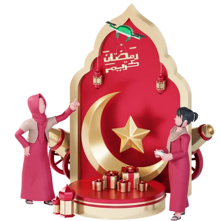 Muslim couple doing Ramadan decoration  3D Illustration