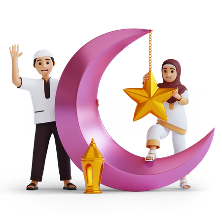 Muslim couple doing Ramadan decoration 3D Illustration