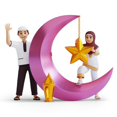 Muslim couple doing Ramadan decoration  3D Illustration