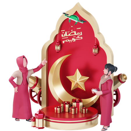Muslim couple doing Ramadan decoration 3D Illustration