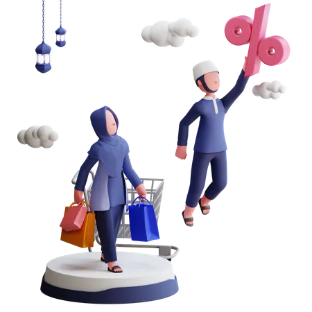 Muslim couple doing Ramadan discount shopping  3D Illustration