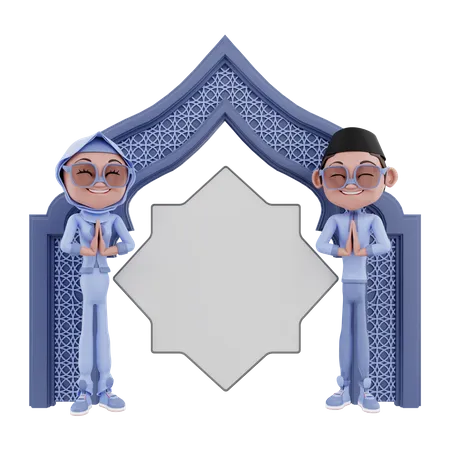Muslim couple doing Ramadan prayer 3D Illustration
