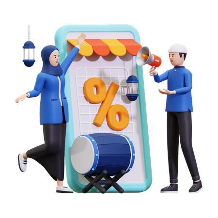 Muslim Couple Doing Ramadan Sales Promotion  3D Illustration