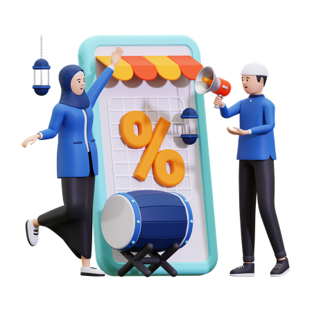 Muslim Couple Doing Ramadan Sales Promotion  3D Illustration