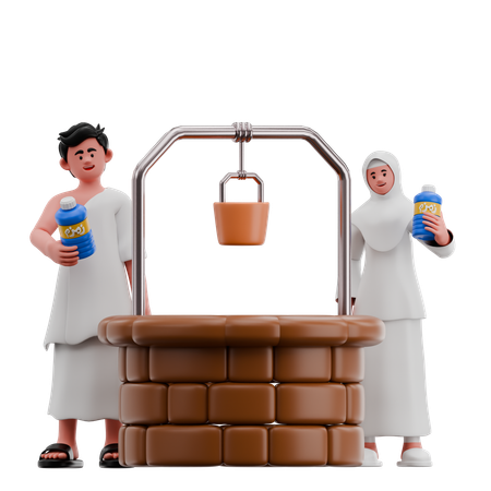 Muslim Couple Drink Zam Zam Water  3D Icon
