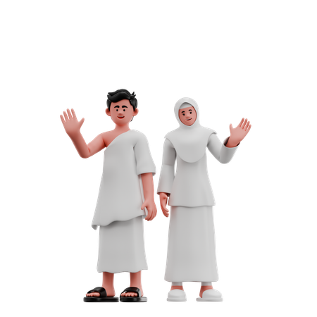Muslim Couple Giving Eid Greeting And Waving Hand  3D Illustration