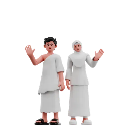 Muslim Couple Giving Eid Greeting And Waving Hand  3D Illustration