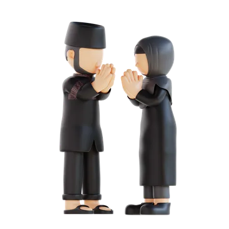 Muslim Couple Giving Forgive Pose  3D Illustration