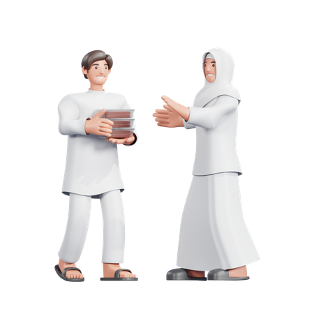 Muslim Couple Giving Sacrificial Meat  3D Illustration