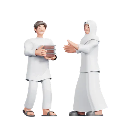 Muslim Couple Giving Sacrificial Meat  3D Illustration