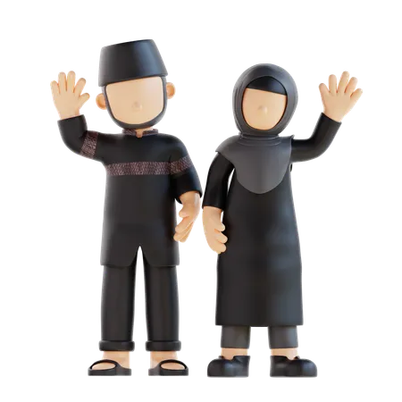 3 D Rendering Muslim Couple Waving Pose 3D Illustration