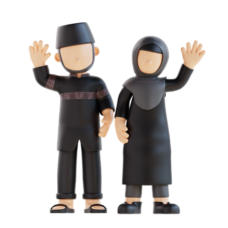 Muslim Couple Giving Waving Pose  3D Illustration