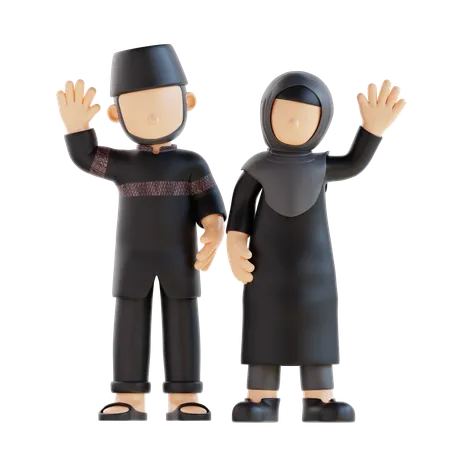 Muslim Couple Giving Waving Pose  3D Illustration