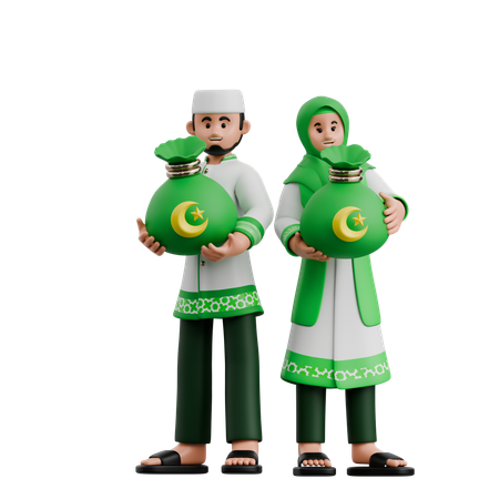 Muslim Couple Giving Zakat  3D Icon